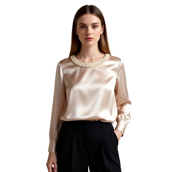 Blouse Élégante à Col Perle en Satin Français, T-Shirt Décontracté d'Été