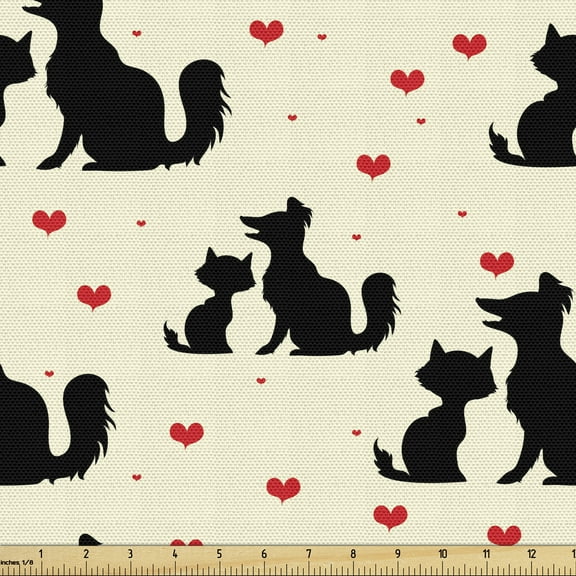 Ambesonne Feminine Fabric by the Yard Upholstery, Dog Cat Pet Love Romance, 2 Yards, Beige Black Red