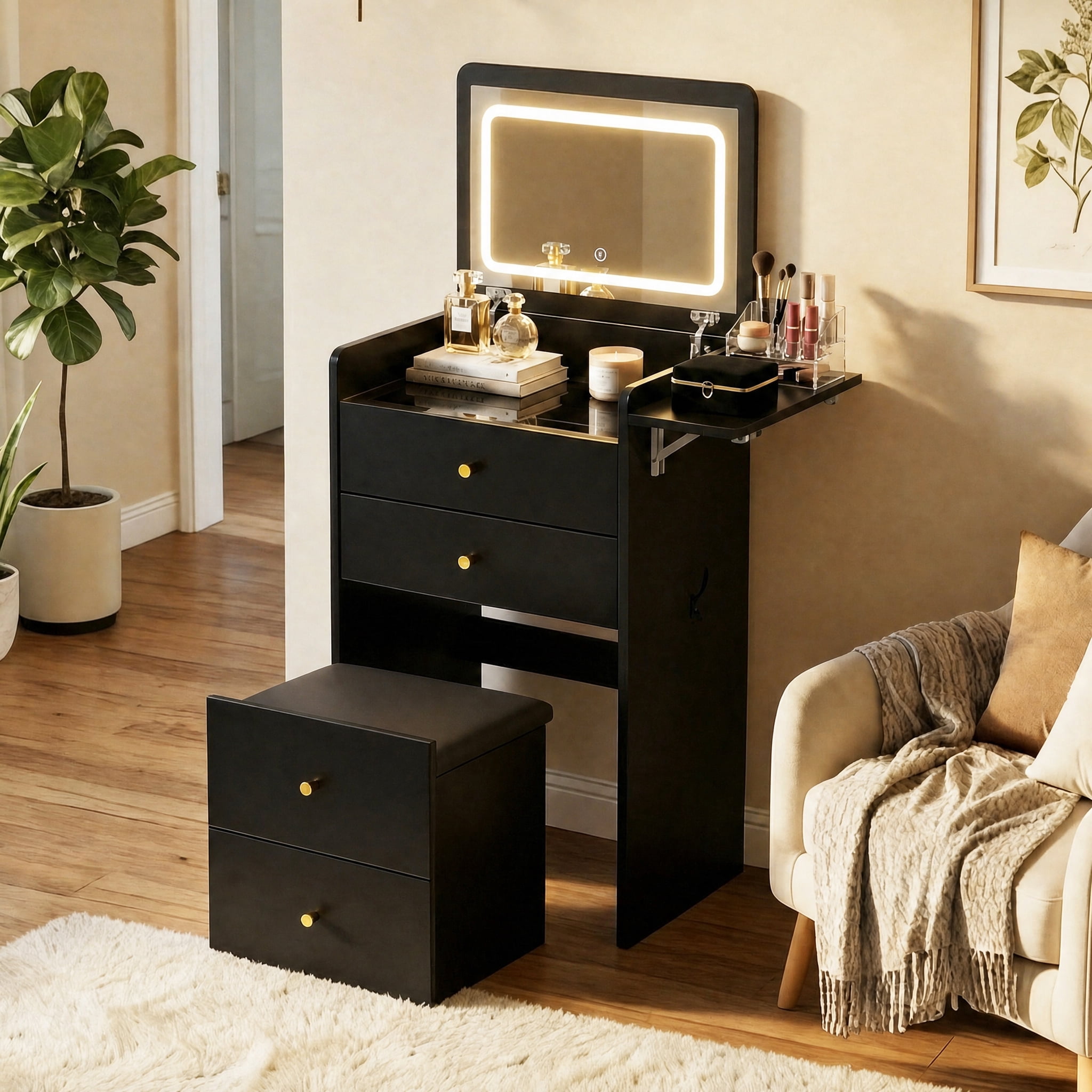 LUCKLIFE 3-in-1 Makeup Vanity Set with Lighted Flip Top Mirror & Storage Stool, Small Space Dressing Table with Foldable Side Tray, Glass Top Desk & Nightstand for Bedroom, Black