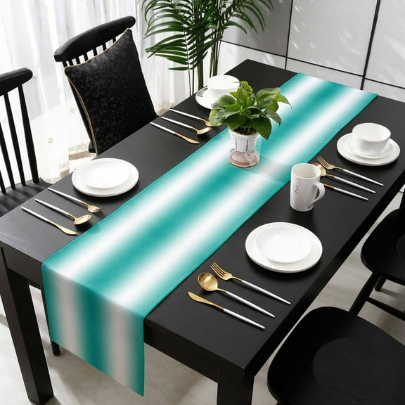 Aqua White Ombre Cotton Linen Small Table Runner 13 x 36 inch Gradient Abstract Minimalist Aesthetic Non-slip Rectangular Dining Table Decor for Wedding Party Holiday Dinner