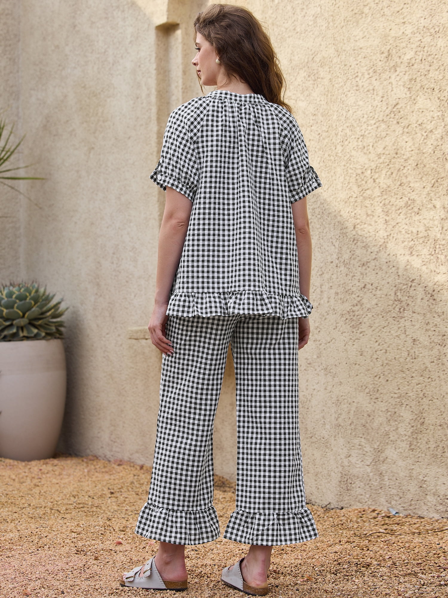 DARING DIVA Women's 2 Piece Pajamas Sets Gingham Short Sleeve Babydoll Shirt L Black