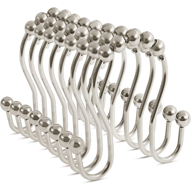 Ganchos para cortina de ducha, 12 unidades, de metal premium resistente a la corrosión, con diseño de cinco cuentas, deslizantes y silenciosos, ganchos dobles para cortinas y revestimientos de ducha