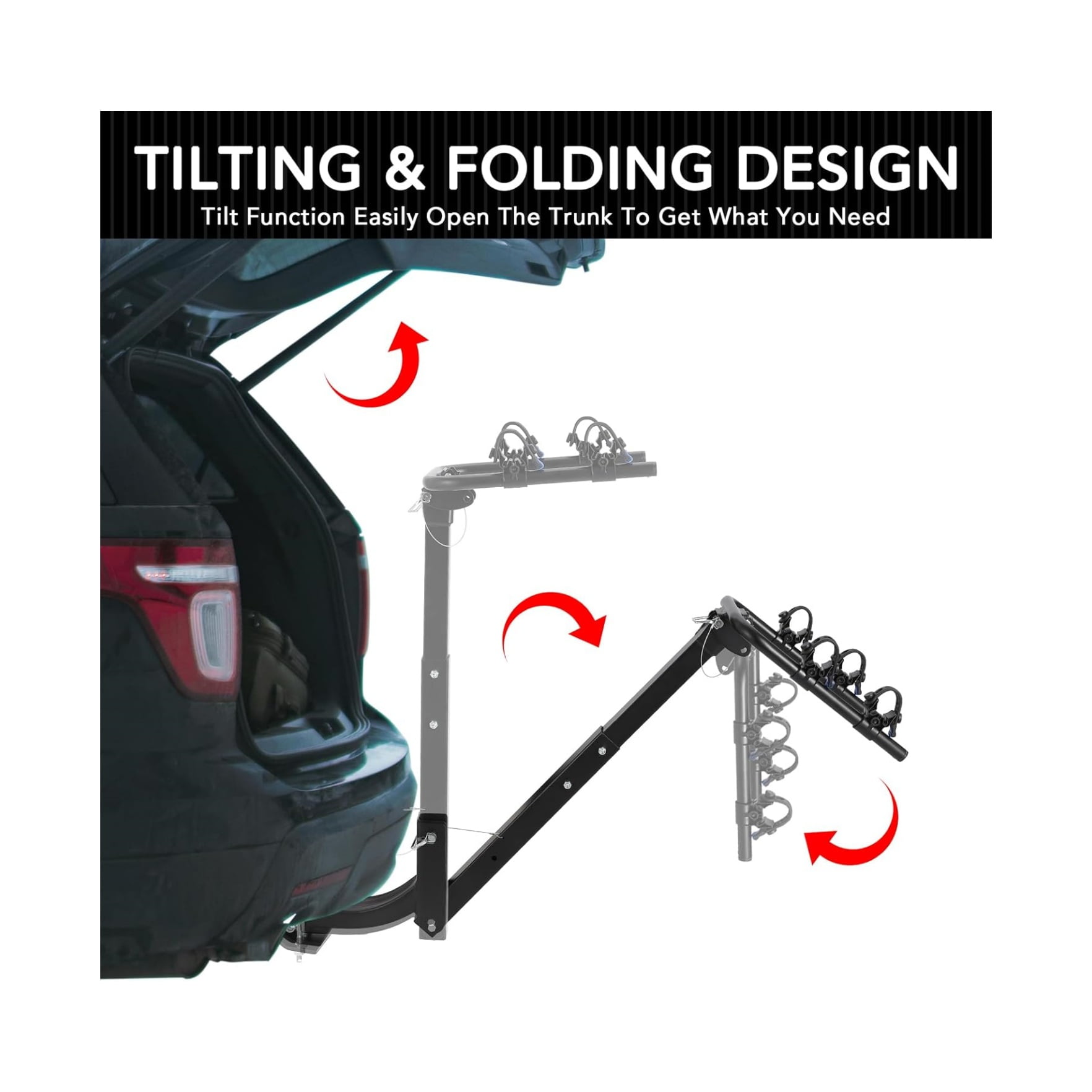 2-Bike Hitch-Mounted Bike Rack, Foldable Steel Frame Bicycle Car Rack with Anti-Rattle Hitch Tightener and Tie Straps, Bike Carrier Rack Hitch for SUVs, Trucks and More