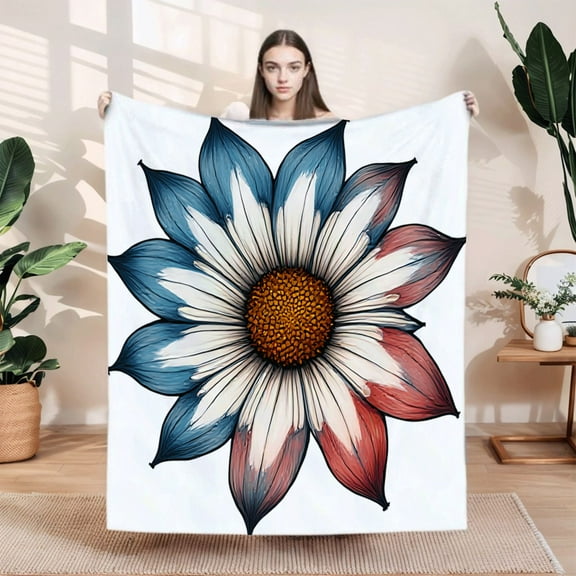 Stylish Flannel Blanket with Artistic Flower Design in Blue White and Red - Soft Cozy and Durable for Sofa Travel and Bed