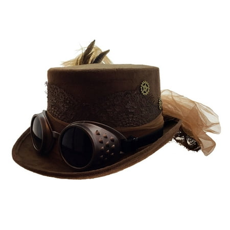 Attitude Studio Steampunk Costume Fedora Hat with Goggles Feather Gears -