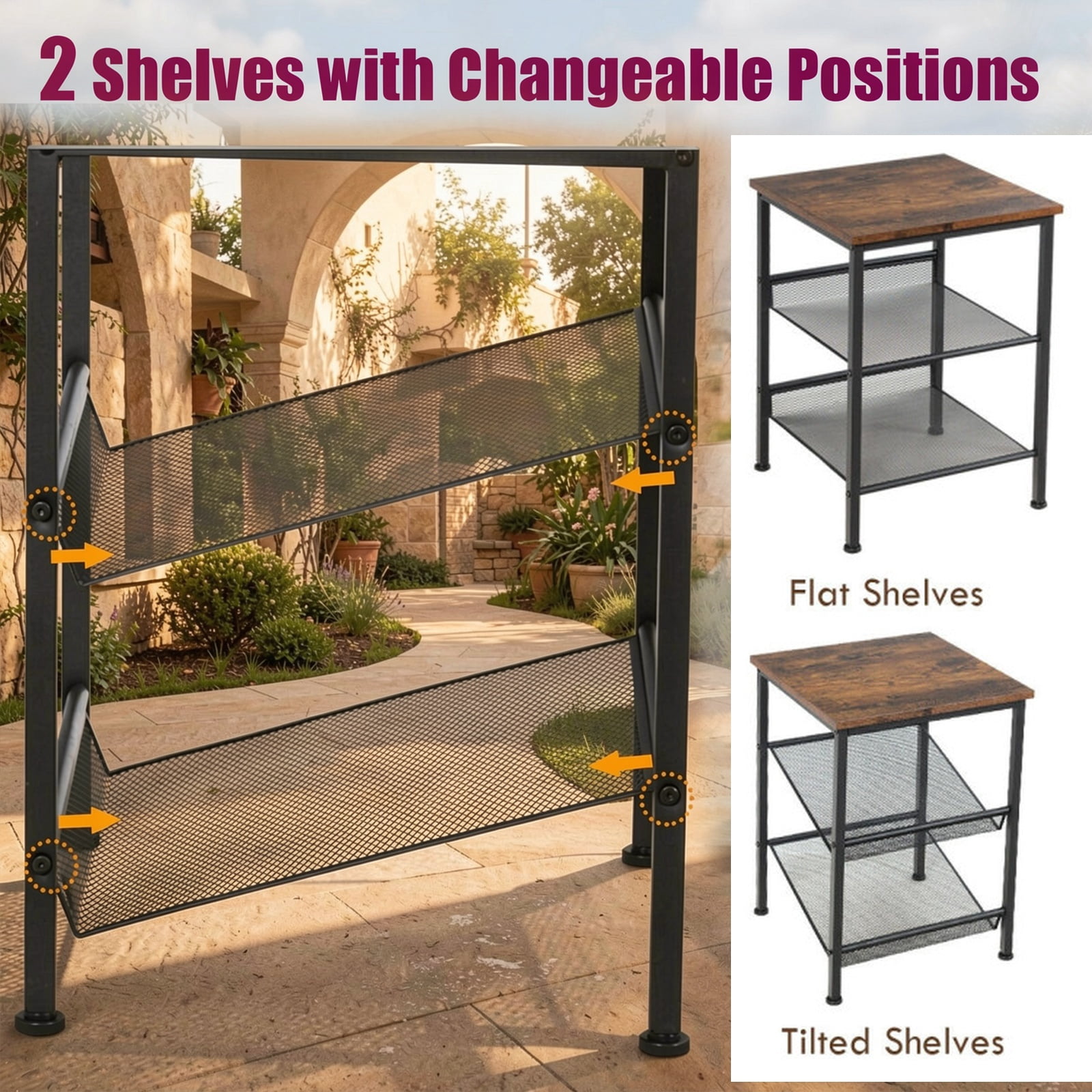 Furnibear 3-Tier Industrial End Table with Adjustable Mesh Shelves, Rustic Brown Wood and Metal Accent Table for Living Room, Bedroom, and Office
