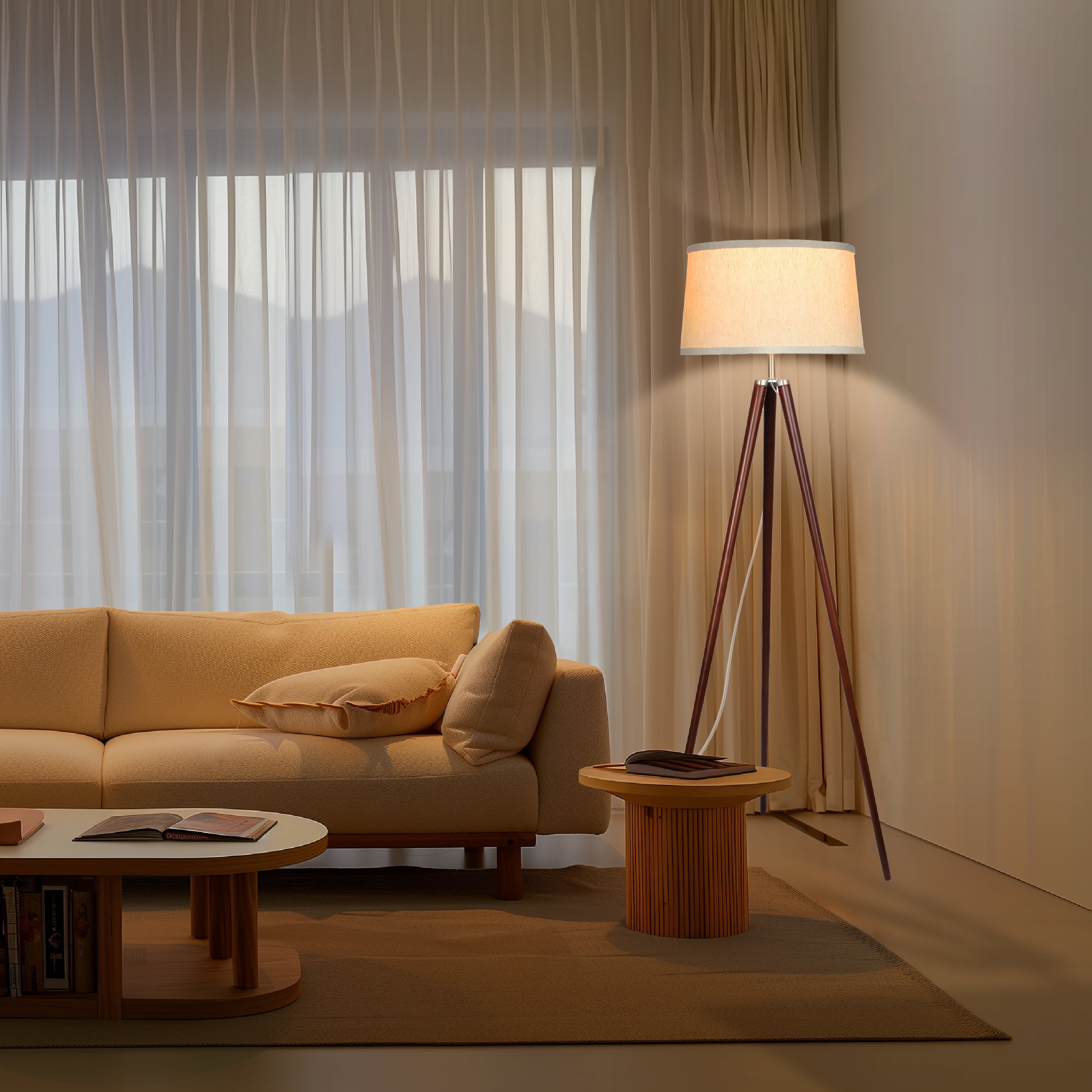 Brightech Emma 61 in. Walnut Brown Mid-Century Modern 1-Light LED Energy Efficient Floor Lamp with Beige Fabric Drum Shade