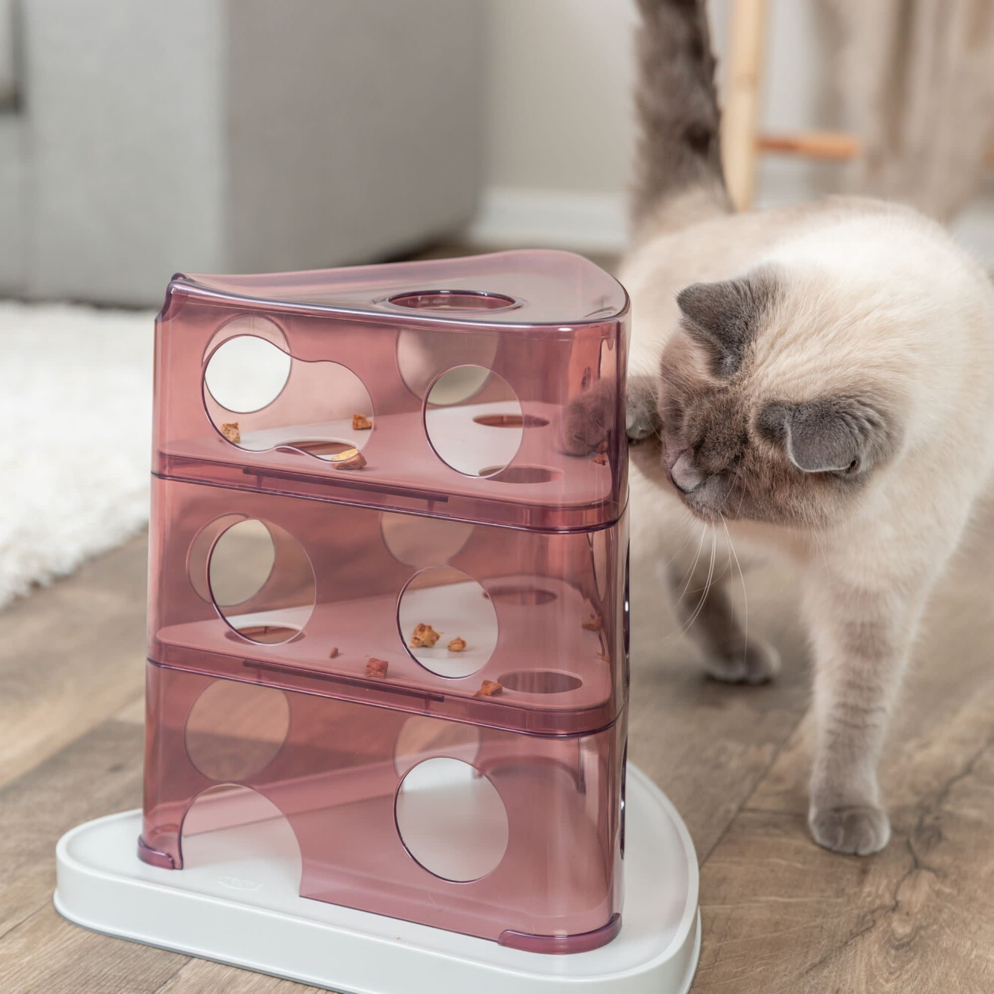 TRIXIE Cheese Tower Strategy Game for Cats, Puzzle Toy, Treat Dispenser, Interactive Play, Berry/Gray