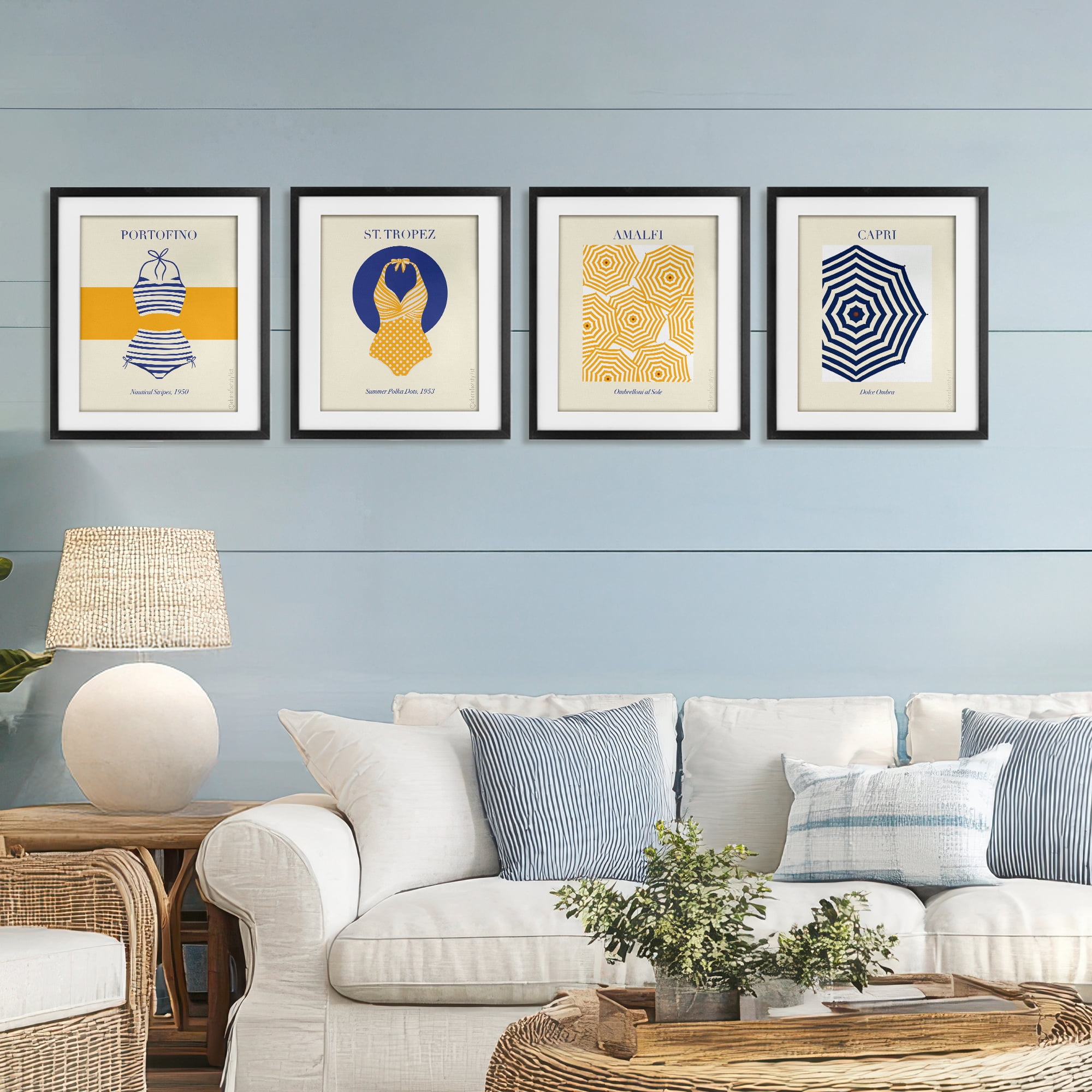 Stupell Industries Retro Beach Vacation Elements 4 Piece Black Framed Print Under Glass Set, design by A Barefoot Stylist
