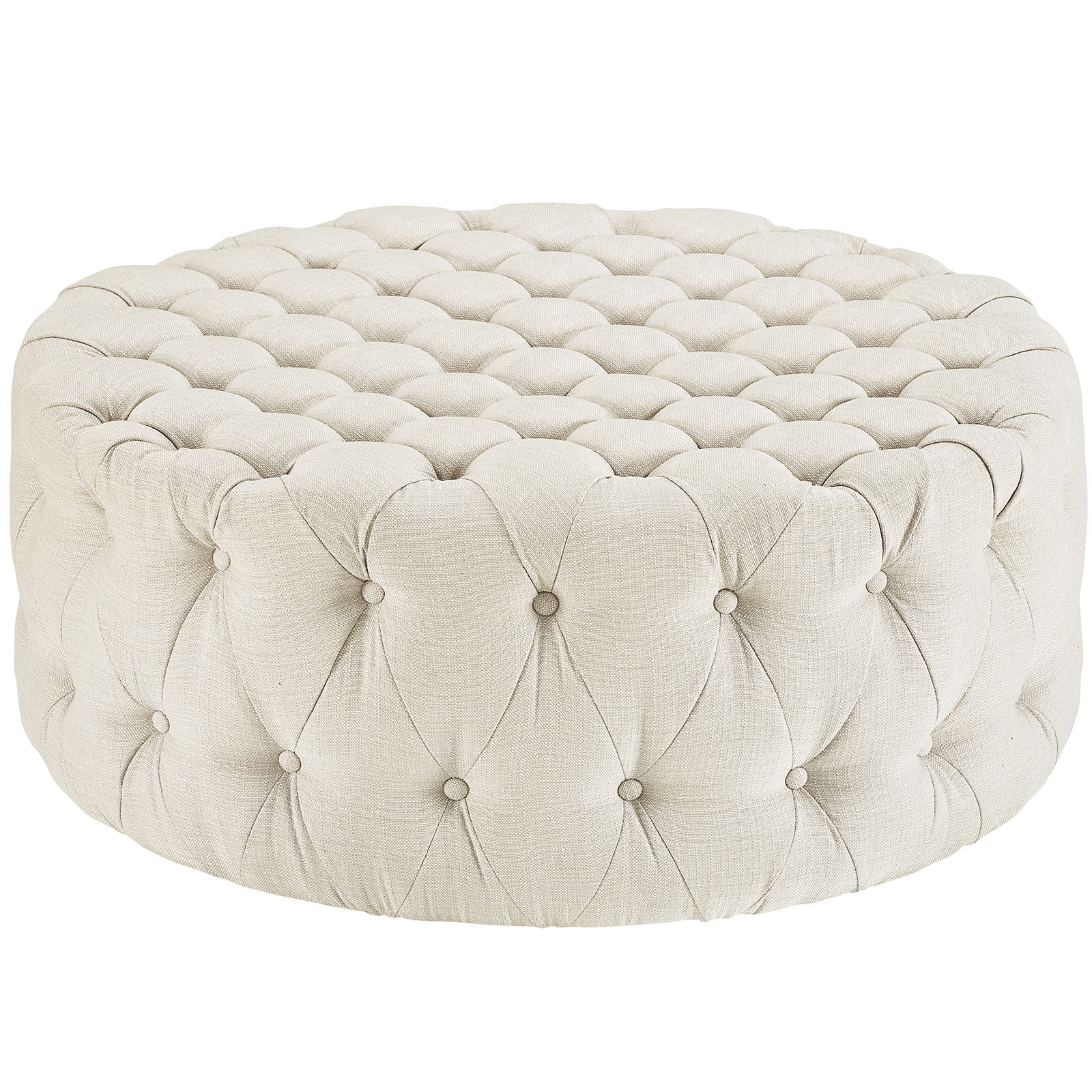Chic Beige Tufted Round Ottoman with Dense Foam Padding