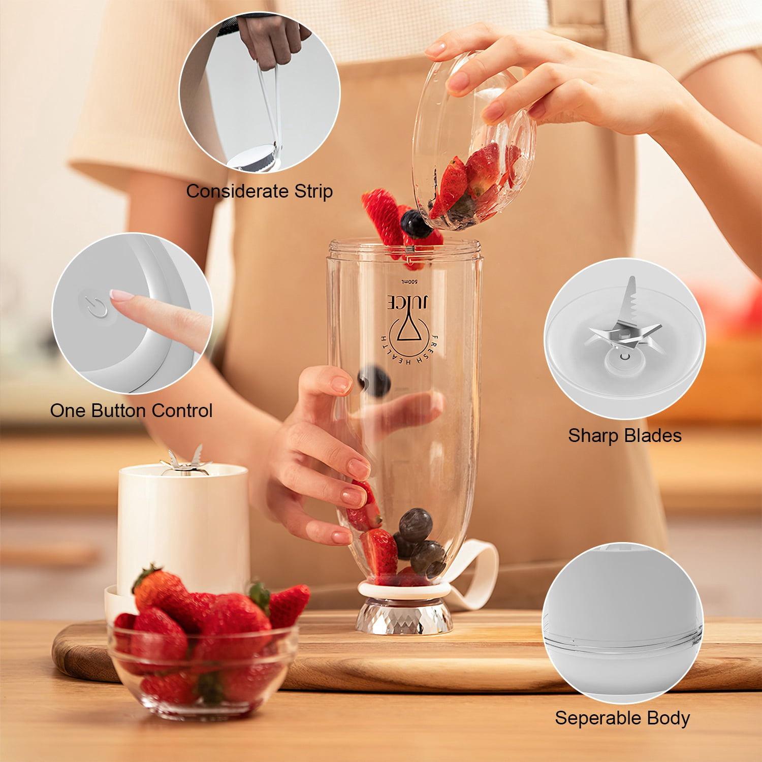 Moclever 2 in 1 Portable Juicer Blender, 16.9oz Electric Smoothie Blender Rechargeable Personal Fruit Mixer with 6 Blades for Shakes Smoothies Juice, White