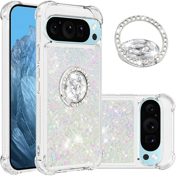 Case for Google Pixel 9 Pro XL Case Liquid Glitter with Ring Holder Stand, Clear TPU Cute Love Moving Quicksand Sparkle Shockproof Phone Case for Google Pixel 9 Pro XL Colorful YBZ