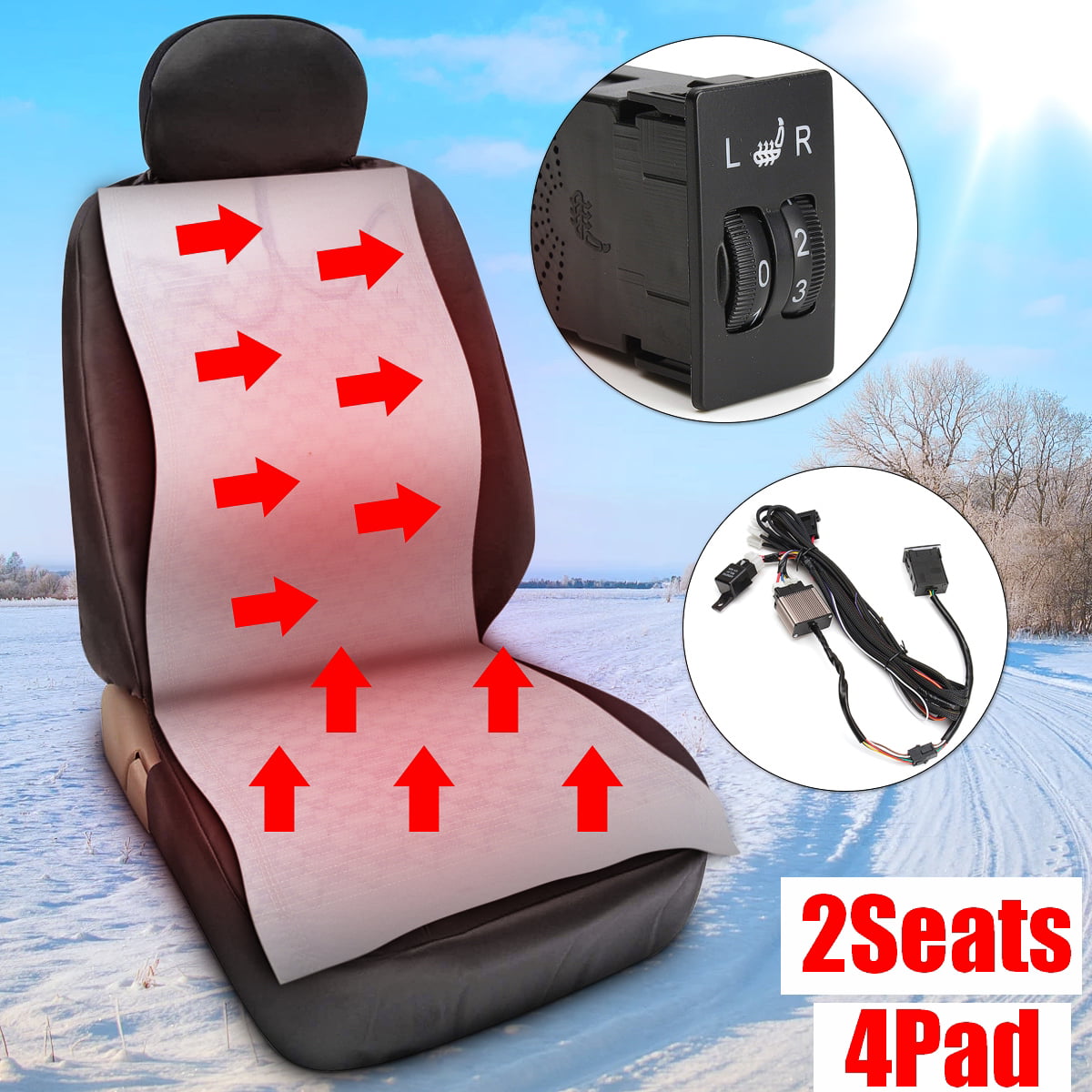 2 Seats 4Pad Carbon Fiber Car Seat Heater Heated Cushion 5 Level Switch Kits 12V