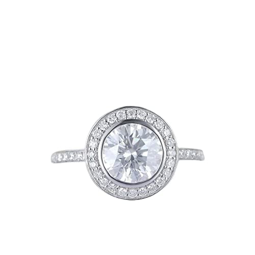 HeartsAndYou 2ct Round Cut Moissanite Engagement Ring for Women Bezel Set Halo 18k White Gold over Silver