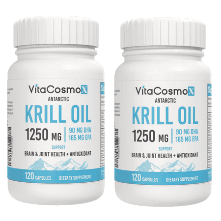 2 Pack - VitaCosmoX Antarctic Superba Krill Oil 1250 mg with Omega 3 Fatty Acids, EPA, DHA, Phospholipids, Astaxanthin