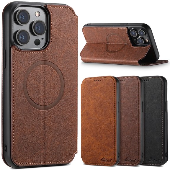for iPhone 13 Pro Max Magnetic Case, Compatible with MagSafe Wireless Charging, PU Leather Wallet Case for iPhone 13 Pro Max Card Slot Flip Kickstand Shockproof Protection Cover, Brown