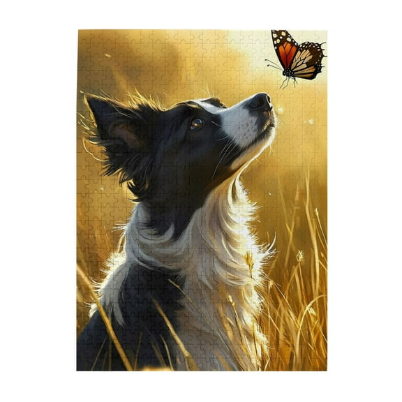 Border Collie Butterfly Field 500-Piece Wooden Jigsaw Puzzle for Adults, Fun & Challenging Family Brain-Teaser, Perfect Home Decor & Gift