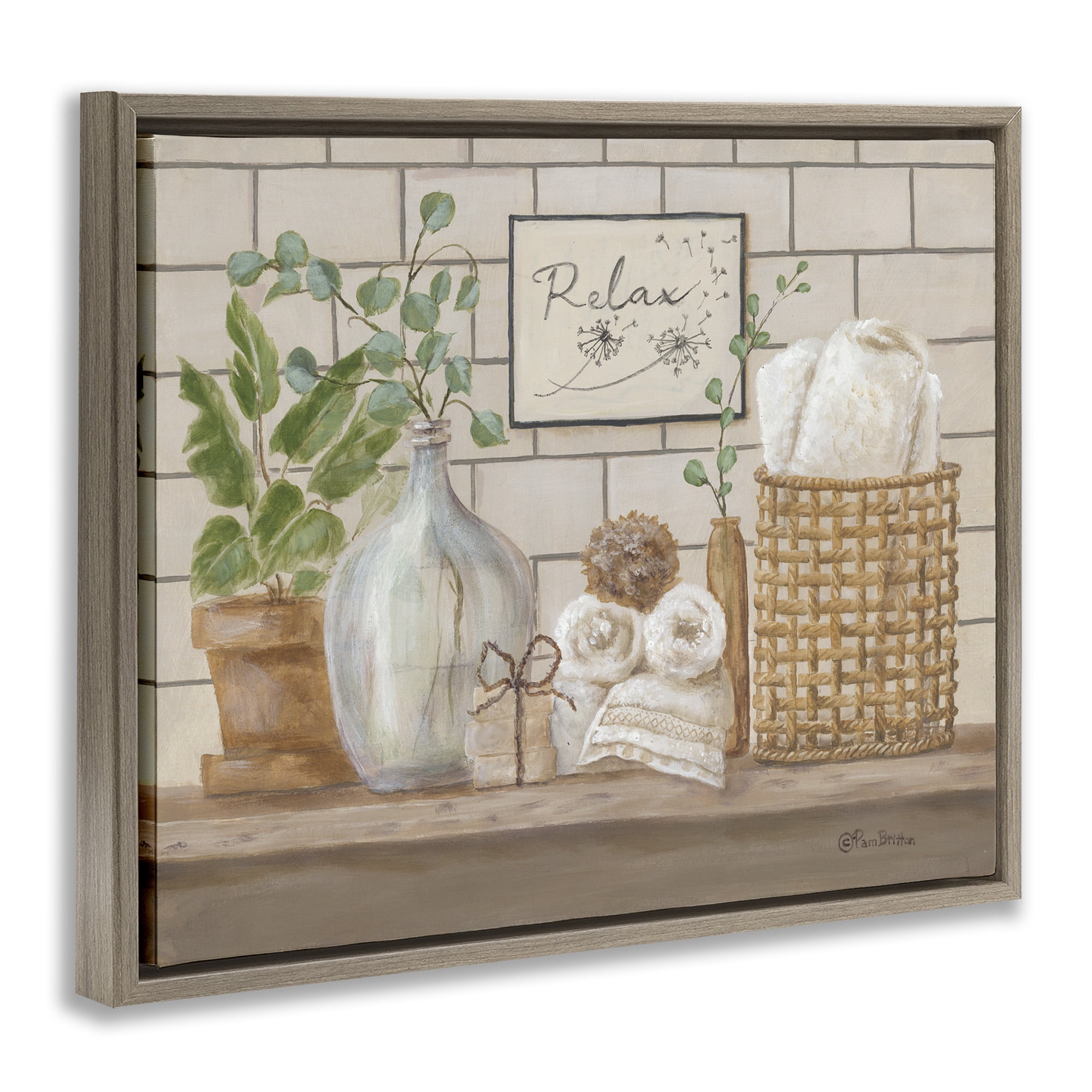 Stupell Industries Uplifting Bathroom Spa Relax Scene Botanical & Floral Painting Brown Floater Framed Canvas Art Print Wall Art, 31 x 25