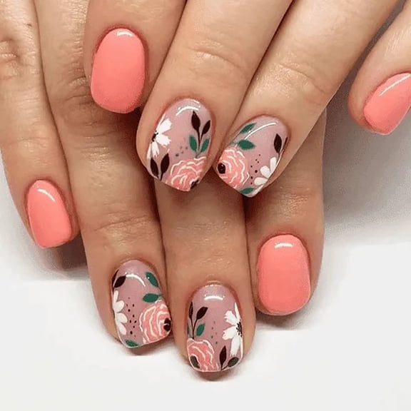 Curvlife Floral Pattern Short Square Press-On Nails 30pcs Coral Pink–Easy-Apply Salon-Quality False Nails