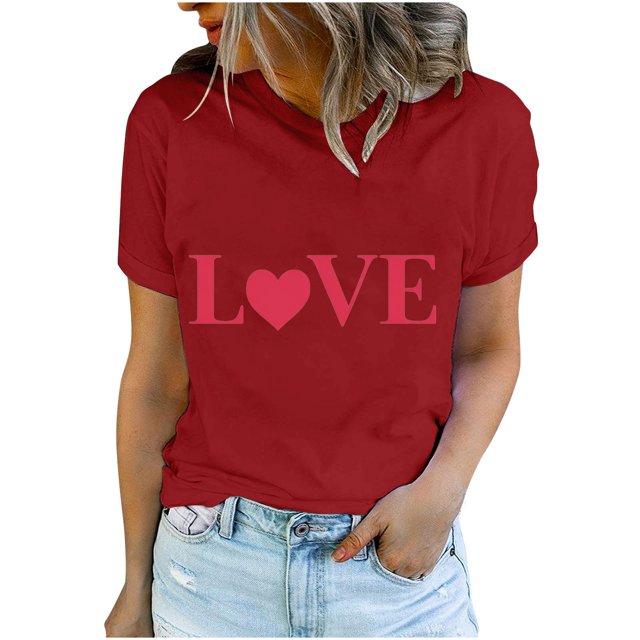 Diufon Hauts de la Saint-Valentin pour Femmes Décontractés Tendance T-Shirt à Manches Courtes Col Ras du Cou Mignon à Imprimé Graphique Chandail Blouse