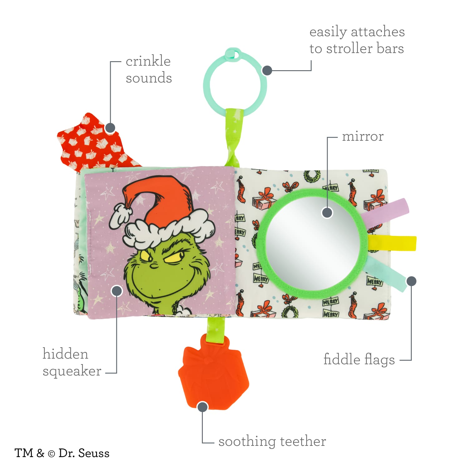 Infantino Lil’ Explorer Soft Book, The Grinch Holiday Sensory Toy for Babies with Crinkle, Squeaker & Clacker Rings