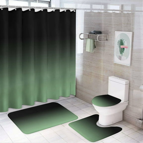 Shower Curtain Set 4 Piece include Shower Curtain and Rugs and Non Slip U Shaped Toilet Rugs Luxury Bathroom Decor Dark Sea Green Fade Dark