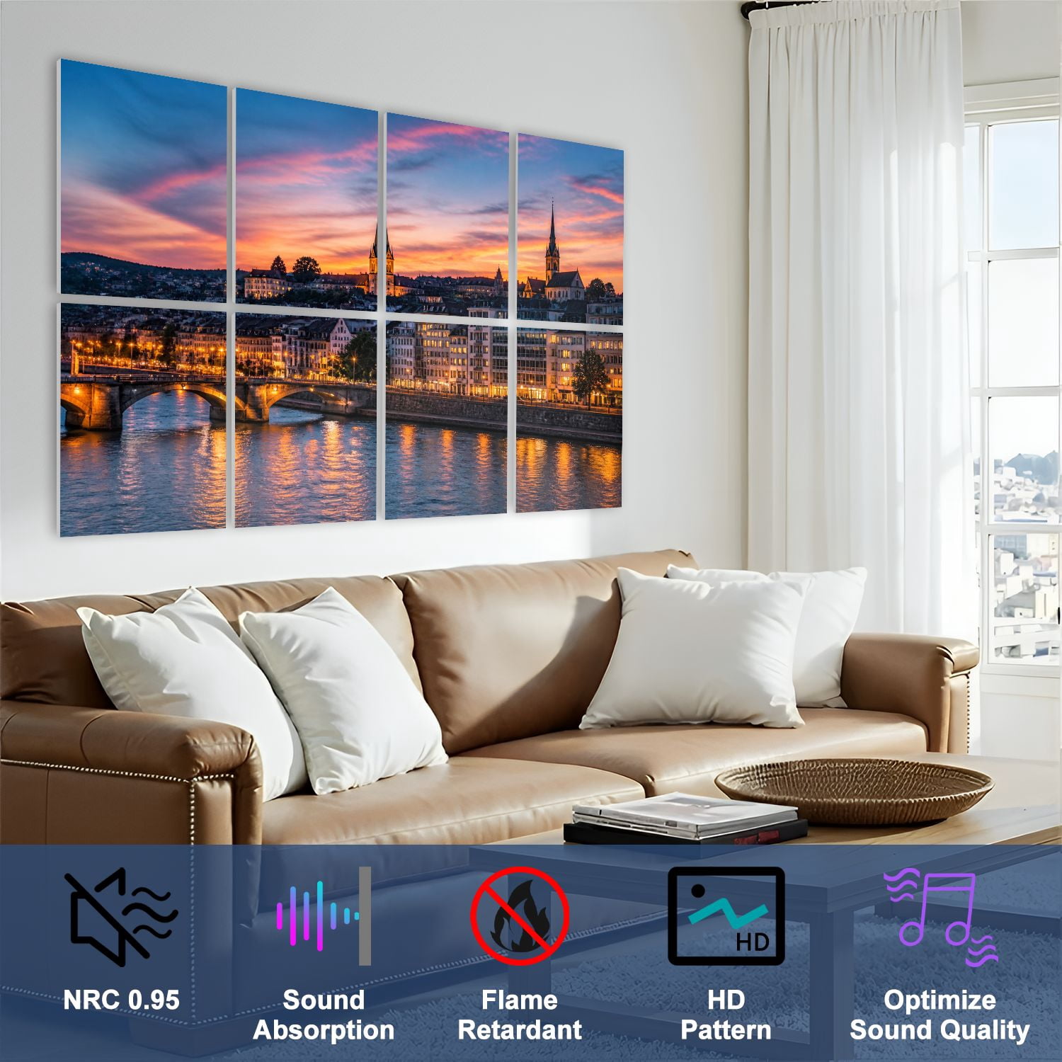 8 Pack Art Acoustic Panels Sound Absorbing Georgetown Skyline Decorative Soundproof Wall Panels Self Adhesive for Nursery Game Room Bedroom 48"x32"