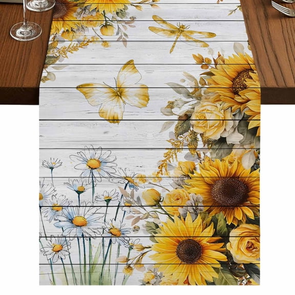 Farmhouse Sunflower Burlap Cotton Table Runner 16x72 Inches Long, Vintage Daisy Butterflies Gray Wood Farmhouse Table Runners, Outdoor Dining Tablecloths Decor for Baby Shower/Party/Wedding