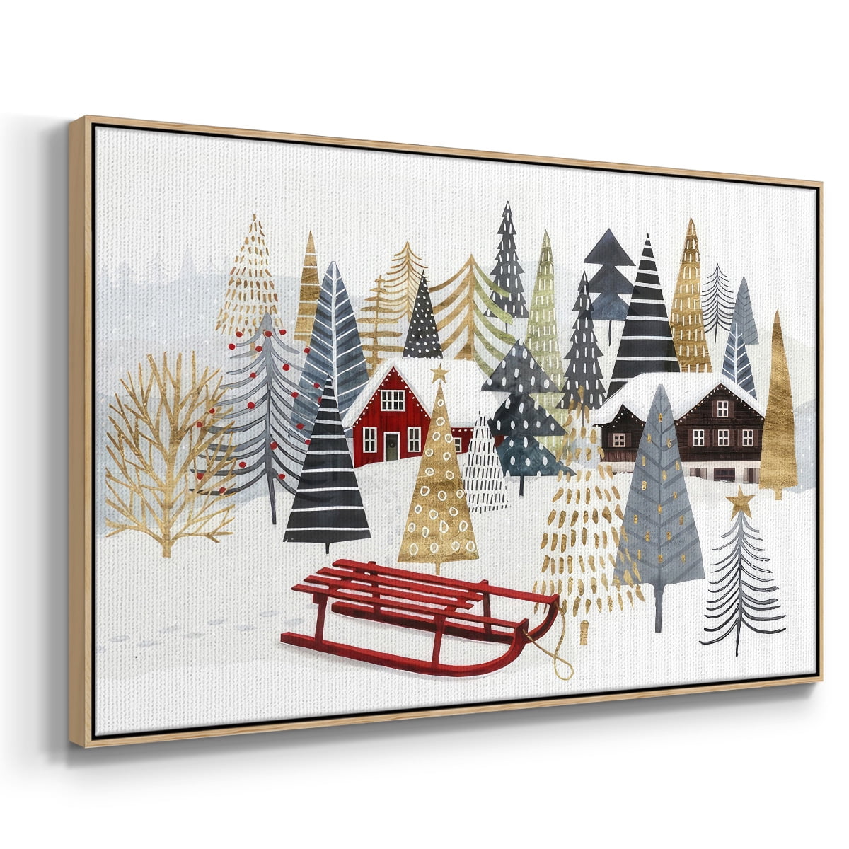 Christmas Chalet Collection A - Framed Gallery Wrapped Holiday Canvas - 25 x 37 - Natural Wood Frame