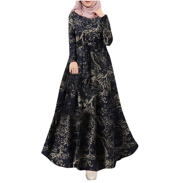 Robe à Manches Longues pour Femmes en Coton et Lin à Imprimé, Robe Musulmane de Printemps et d'Automne, Robe à Manches Longues pour Femmes à Fleurs avec Boutons