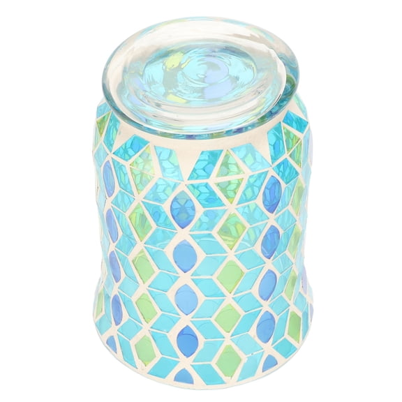 Xirurus Handcrafted Mosaic Glass Candle Holder, Yellow and Blue Diamond Pattern Windproof Lantern for Tabletop Centerpieces, Wedding and Home Decor, 4.3 x 5.9 Inches