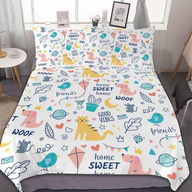 HAHDAXIA Cute Child Pattern Bedding Solid Comforter Set for All Seasons,3 Pieces(1 Comforter+2 Pillowcases),Soft Microfiber Bedding Set King(90"x90")