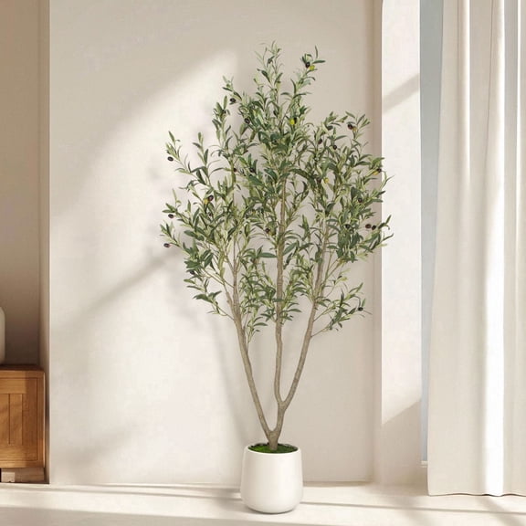 Romswi Artificial Olive Tree 6 FT, with White Pot, Olive Faux Trees Realistic Leaves Silk Tree for Home Office Indoor Outdoor Decor