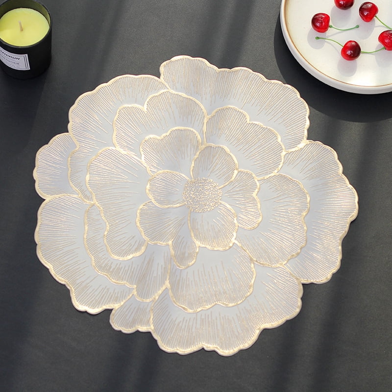 Sinkoo Placemats Set of 8, 15" Round Placemats Gold Metallic Rose Kitchen Table Centerpiece, Vinyl Placemats, Table Place Mats for Dining Table Decor