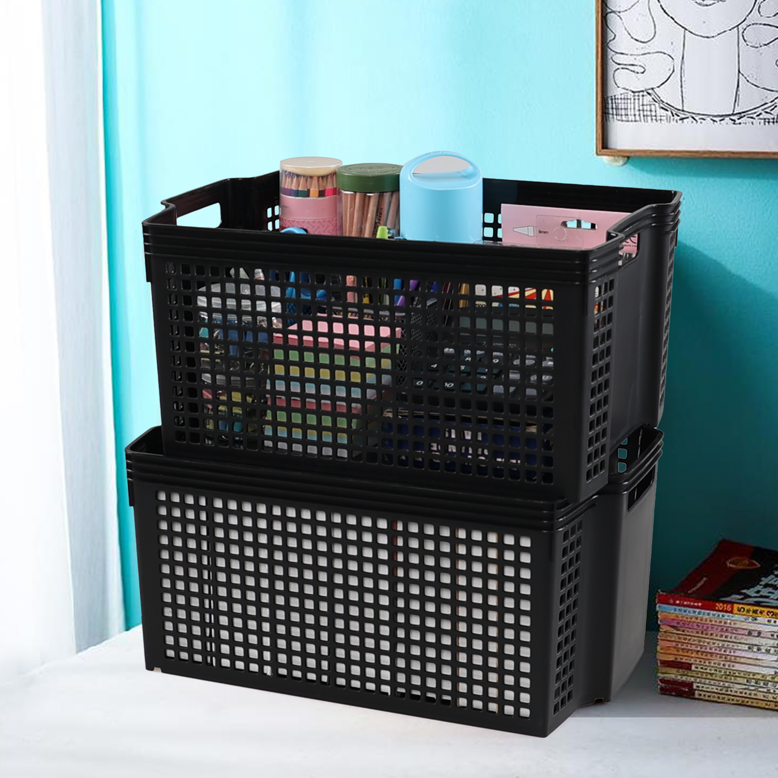 Gloreen 6 Pack Large Plastic Basket for Organizing, Black Stackable Storage Basket