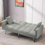 BSHTI Convertible Sofa Bed,Velvet Futon Sofa ,Sleeper Couch with Armrest and 2 Pillows for Living Room,Office( Beige)