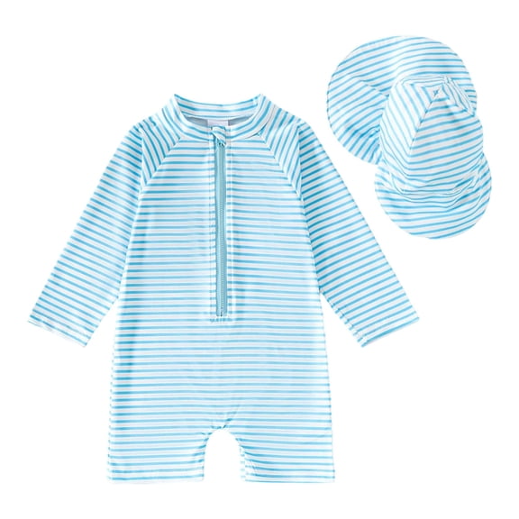 Lullu Baby Boy's UPF 50 Striped Long Sleeve Rash Guard One-Piece Swimsuit with Sun Hat