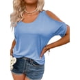 thumbnail image 4 of Langwyqu Summer Solid Color Women Cold Shoulder Women Scoop Neck Casual Blouse Tops, 4 of 5