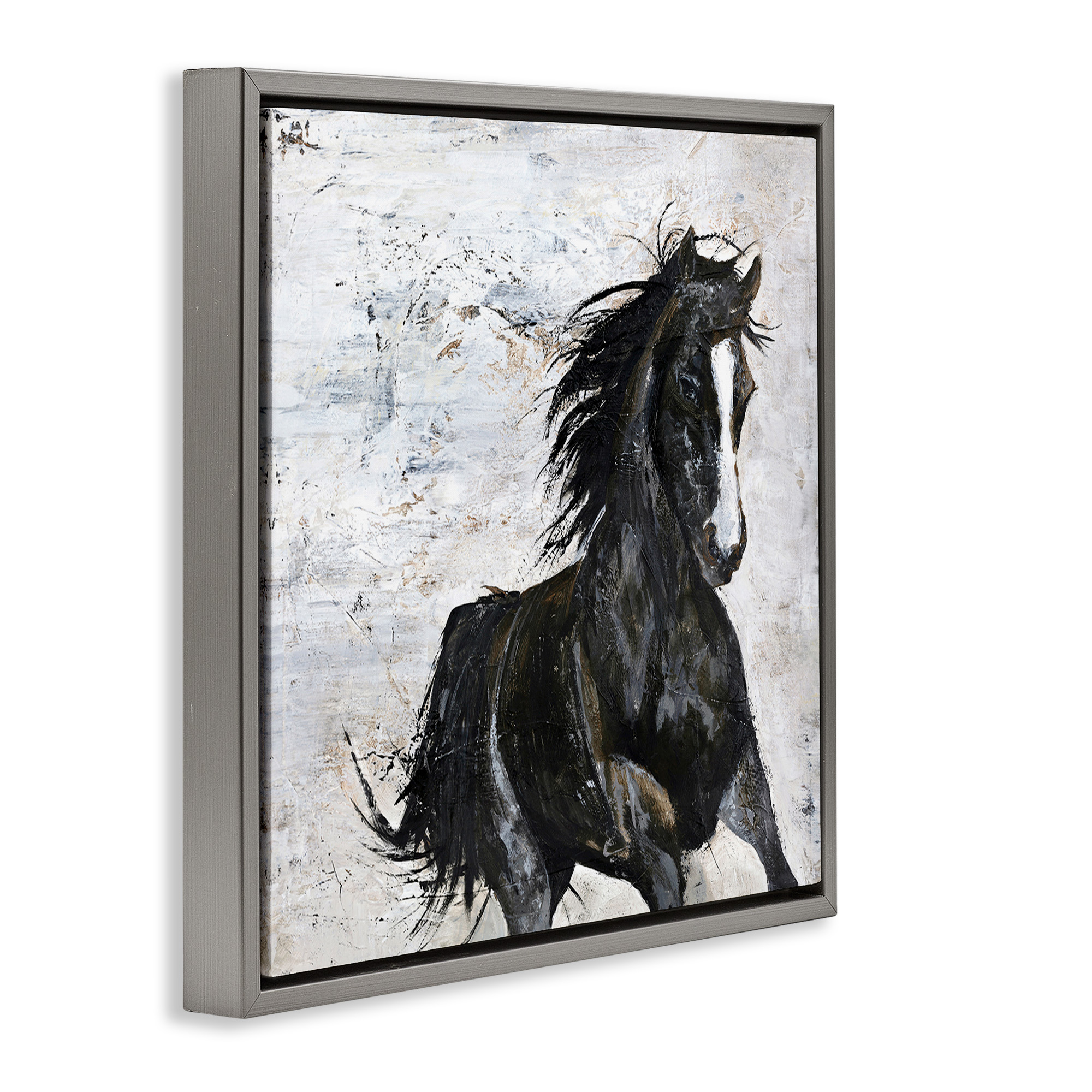 Stupell Industries Wild Black Horse Galloping Animals & Insects Painting Gray Floater Framed Canvas Art Print Wall Art, 18 x 18