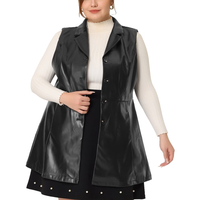 Chalecos de talgrande pamujer, sin mangas, con solapa, casual, chaquetas de PU, chaleco Negro 1X