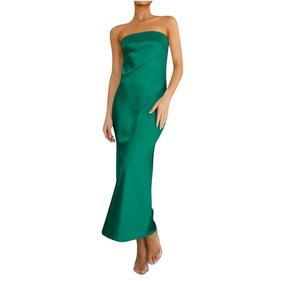 JGGSPWM Women's Fashion Temperament Satin Hollow Backless Bustier Models Dresses Sleeveless One-Shoulder Dresses Green S