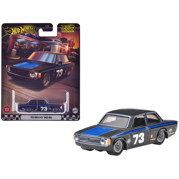 1973 Volvo 142 GL #73 Black with Blue Stripes and Hood "Boulevard" Series Diecast Model Car by Hot Wheels