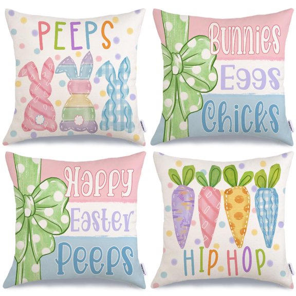 Easter Pillow Covers 18x18 Inch,Easter Couch Throw Pillow Covers Bunny Decorations for Sofa,Indoor,Blue Pink Buffalo Plaid Spring Decor for Home