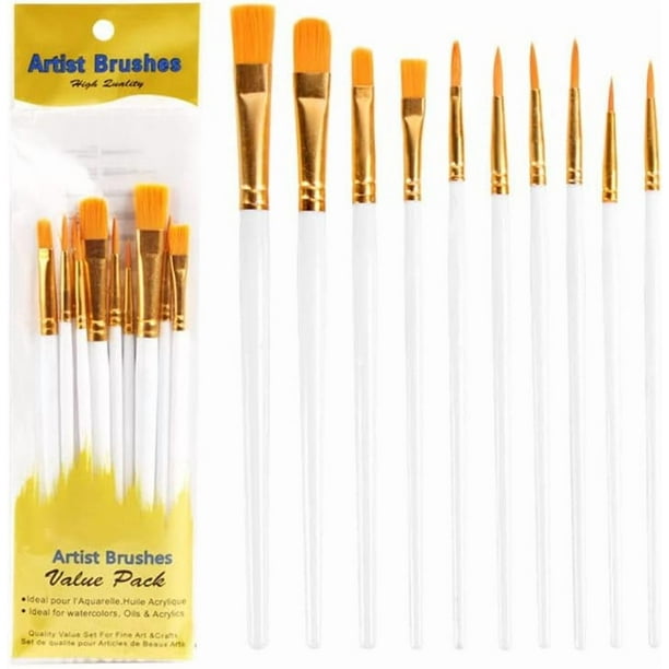Juego de 10 pinceles de plástico con tubo de aluminio para pintar al óleo, acuarela y manualidades, color blanco, 18,5 cm