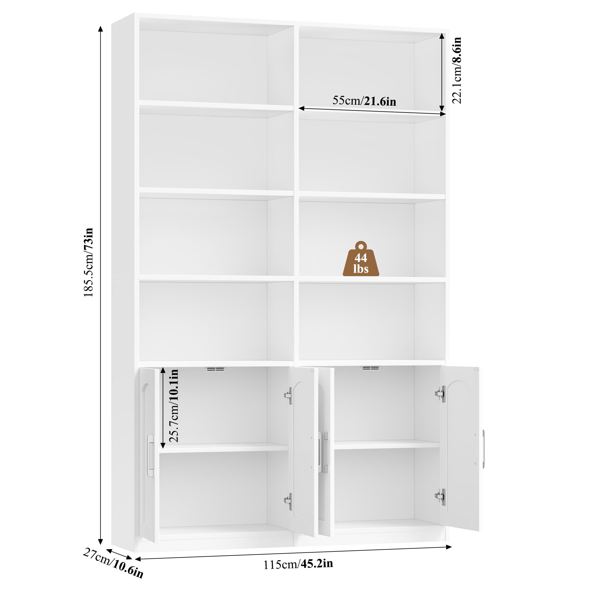 Homfa 73″ Tall Bookcases with Doors, 8 Cubes 6-Tier Double Row Bookshelf, White Bookcase for Living Room Home Office