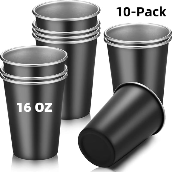 10-Pack Stainless Steel Cups 16 oz, Unbreakable Stackable Metal Tumblers for Camping, Party & Travel (Black)