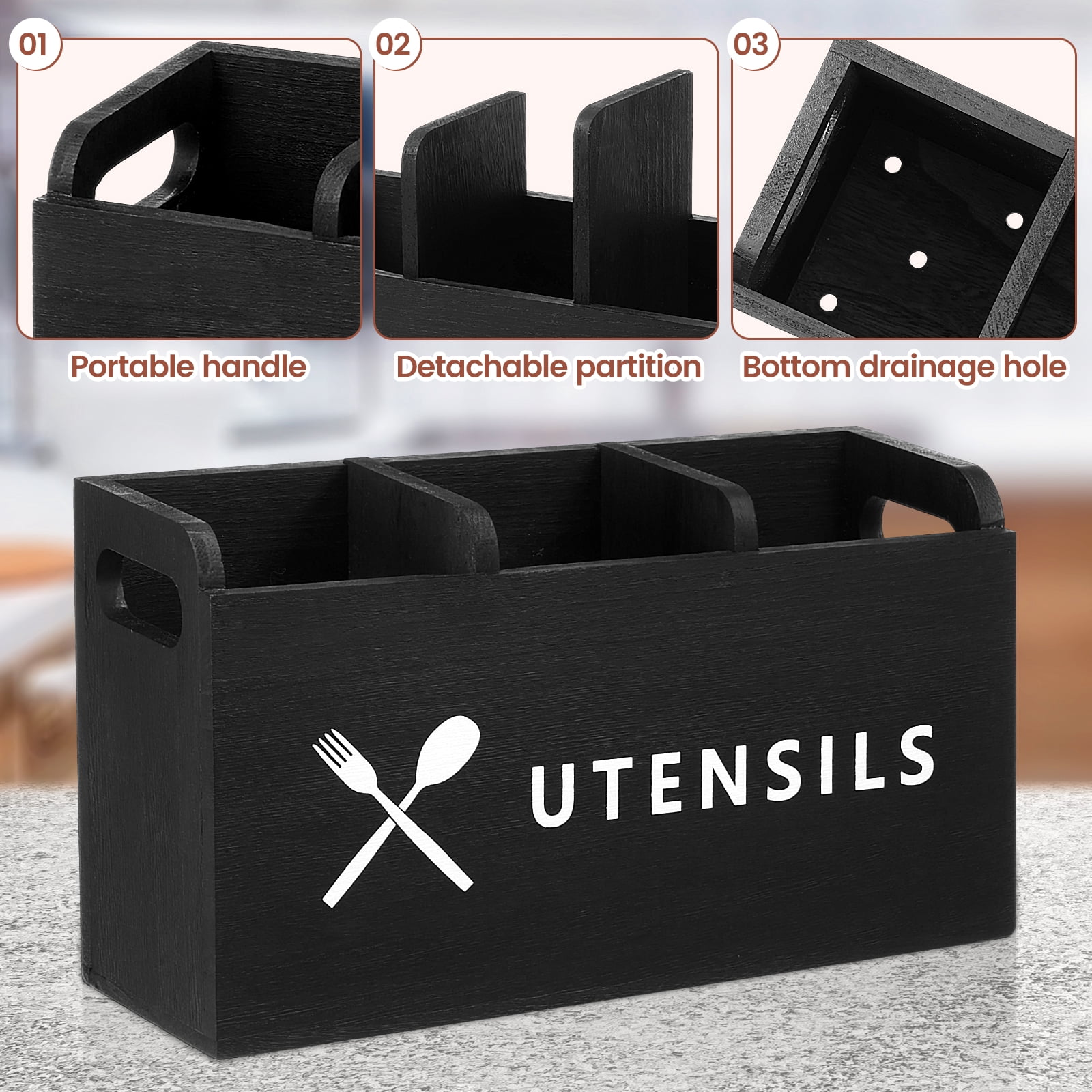 Txkrhwa Utensil Holder Extra Large Utensil Organizer with 3 Compartments, Wooden Rustic Utensil Crocks for Kitchen Counter, Farmhouse Cooking Utensil Caddy Countertop Spatula Silverware Spoon Holder