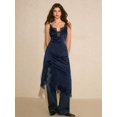 thumbnail image 6 of Navy Blue Satin Lace Patchwork High Slit Maxi Slip Dress For Women Elegant Date Night Evening Dinner Dress, 6 of 8