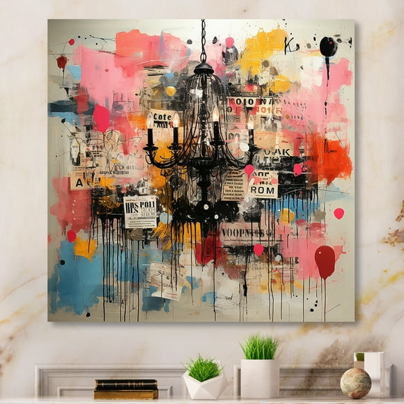 Designart "Pink Chandelier in Pop Art Style II" Chandelier Metal Wall Art, Pink Metal Wall Decor, Glam Metal Art Decor For Bedroom - 36x36 Inch