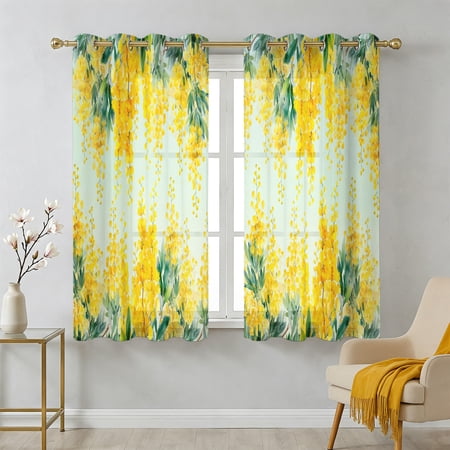 Spring Floral Sheer Curtains 54 Inch Long 2 Panels Watercolor Gradient Yellow Floral Romantic Green Leaves Light Filtering Semi Sheer Drapes Grommet Voile Window Curtain for Living Bedroom W52 x L54
